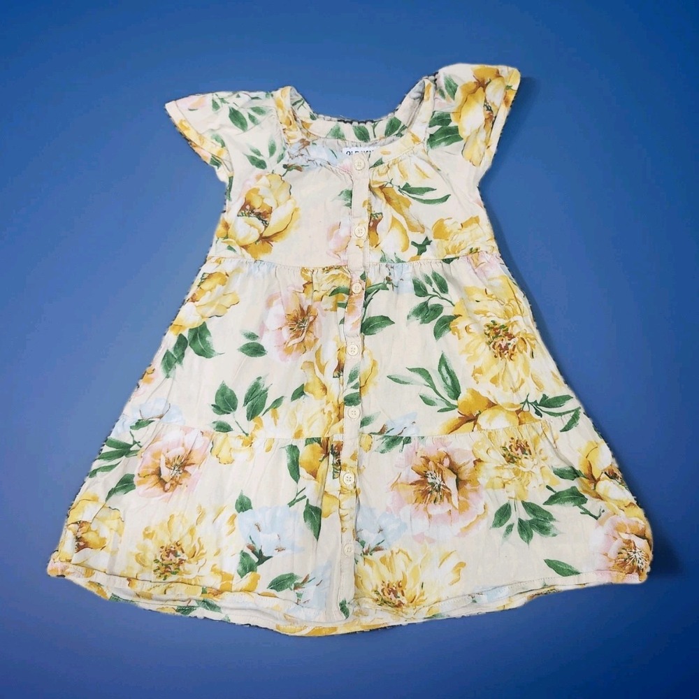 Old Navy Toddler Girl 3T Floral Dress Button Front Tiered Flutter Sleeve Beige